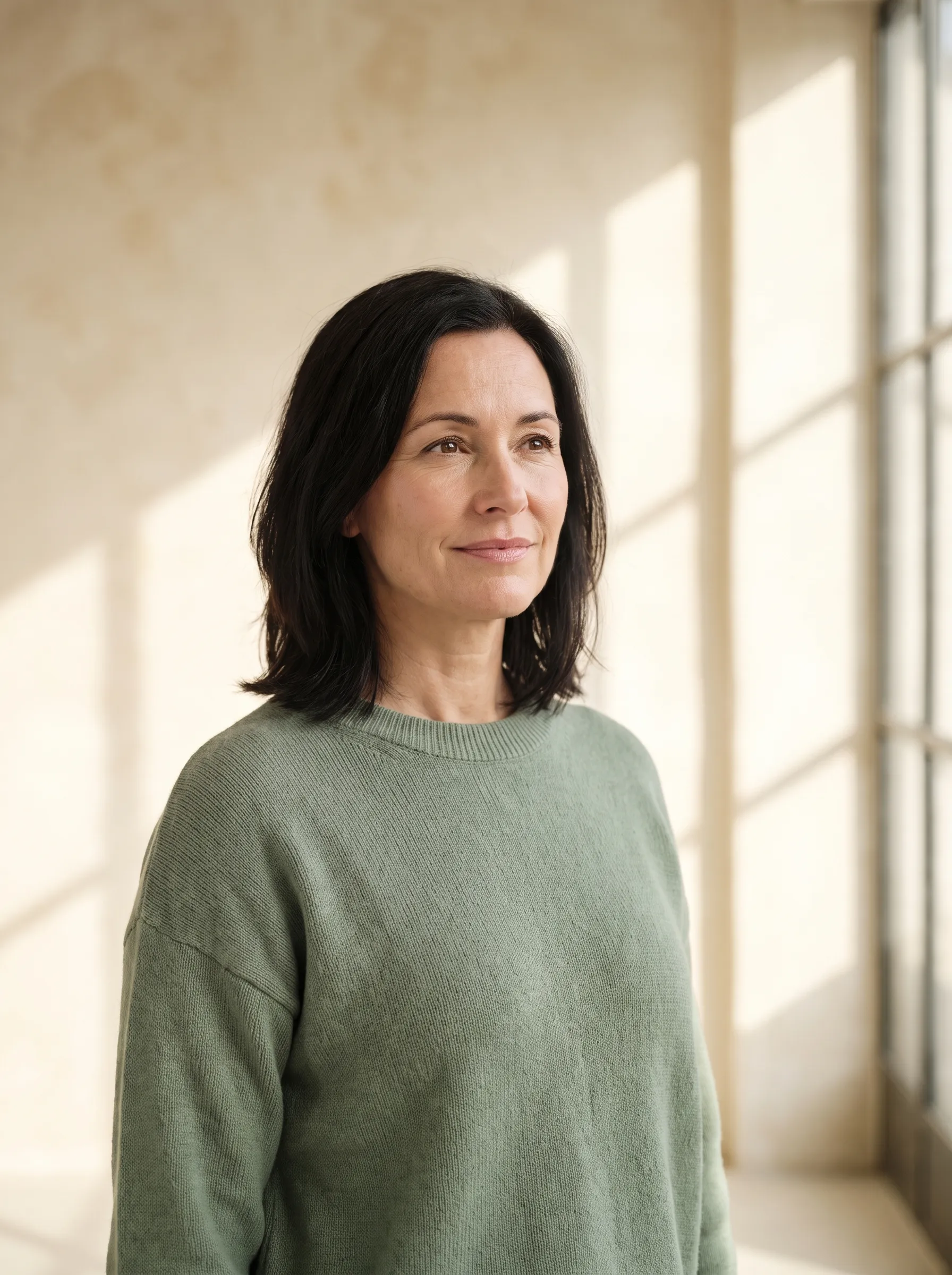 A woman gazing upward in soft window light, calm and confident