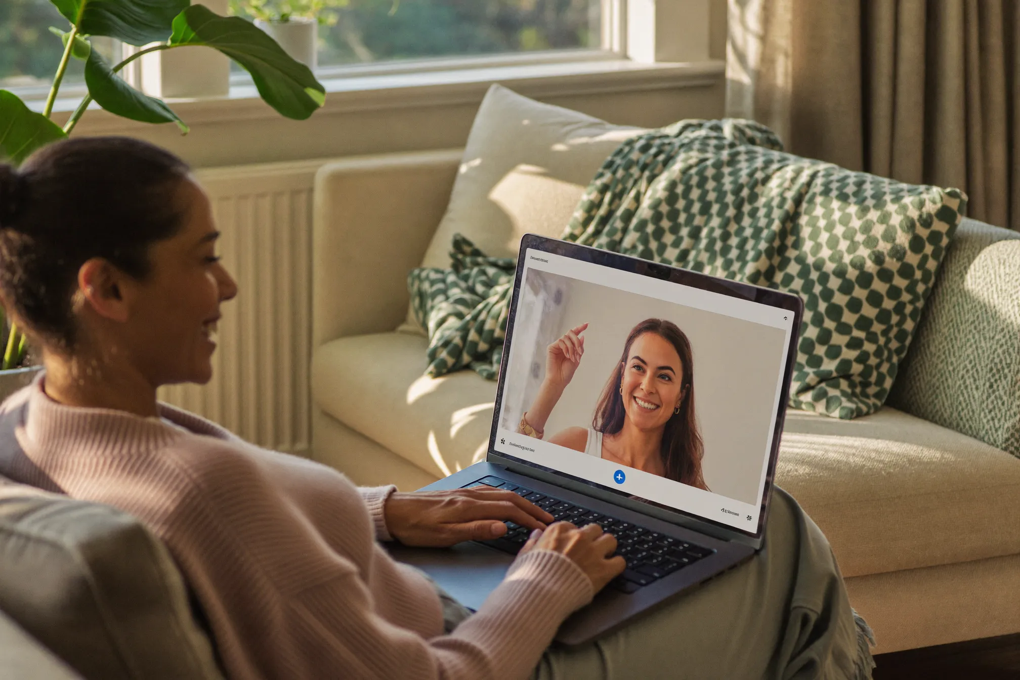 A woman at home smiling during a telehealth video visit on her laptop